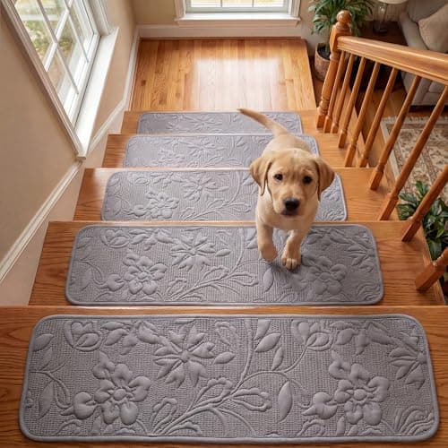 Stair Rugs Runners Covers, Rugs Runners for Elderly and Dogs, 8" X 30" (7Pack) Stickiness Soft Stair Rugs with Reusable Non-Slip Silicone Particles Backing, Machine Washable, Elegant Quilting-Gray