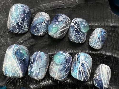 Fine Point Midnight Nebula Press On Nails for Women, 10pcs Short squoval False Nails, Handmade Galaxy Marble with White Line Art, Reusable Glue On Nails (Size Medium) - Thumbnail 4