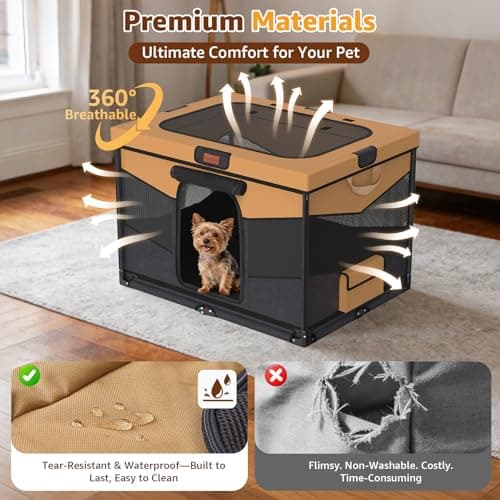 LOOBANI Foldable Dog Playpen for Small Dogs, Indoor/Outdoor Puppy Playpen with Removable Washable Fabric Enclosure, Sturdy Steel Frame & 690D Oxford Cloth, Portable Dog Cat Crate,32"x24"x22", Brown - Thumbnail 3