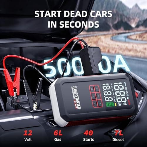 5000A Car Battery Jump Starter with Air Compressor 160PSI, Portable Battery Jumper Starter 7.0L Gas/6.0L Diesel, Car Battery Charger, Jumper Cables, Power Bank & Light - Thumbnail 2