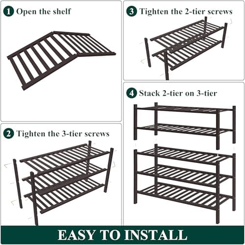 Smiry Bamboo Shoe Rack for Closet, 5 Tier Wooden Stackable Shoe Organizer, Free Standing Shoes Storage Shelf for Entryway, Front Door Entrance, Brown - Thumbnail 6