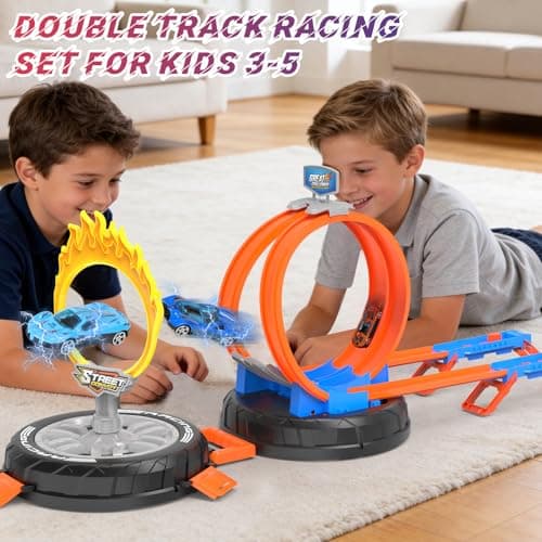 Toy Car Race Track Set for Kids Ages 4-8, Stunt Tire-Shaped Case Transforms into Race Course, 6 Cars in 1:64 Scale, 2 Ways to Play, Action Loop Cyclone Challenge & Speed Snap Track - Thumbnail 6