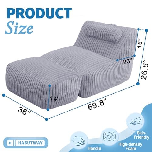 HABUTWAY Giant Bean Bag Chairs for Adults,Bean Bag Lounger with Removable Cover,Large BeanBag Chair with Ottoman&Storage Pocket,Memory Foam Filled Bean Bag Sofa for Living Room,Bedroom-Plush LightGrey - Thumbnail 2