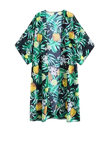 Women's Boho Long Kimono Cardigan Dusters Summer Lightweight Chiffon Beach Swimsuit Swimwear Bathing Suit Cover Ups Plus Size Resort Wear Hawaiian Tropical Pineapple Leaf Print Green Black Small - Thumbnail 3