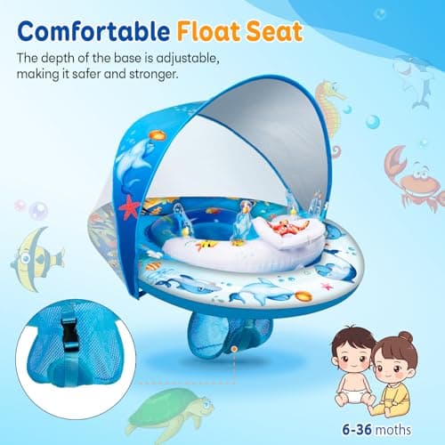 Baby Pool Float with Canopy,120° Adjustable UPF50+ Protection,Anti-Tip Safety Seat,Inflatable Toddler Floaties Infant Swim Ring,Thick PVC Pool Float with Animal Pool Toys,Beach Essentials for 3-36M - Thumbnail 5