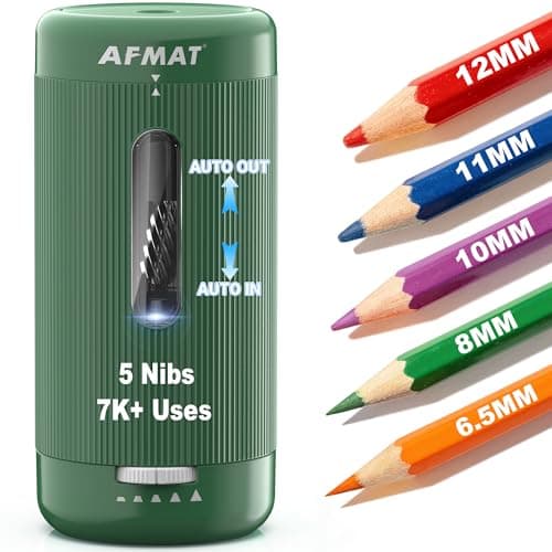 AFMAT Electric Pencil Sharpener, Auto in & Out, 5 Nibs, 7K+ Uses, Fully Automatic Pencil Sharpener for Classroom, Rechargeable Hands-Free Sharpeners for Jumbo/Colored Pencils (φ6.5-12mm) PSC3(Green)