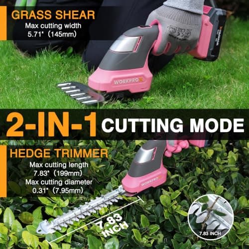 WORKPROX 20V Pink Cordless Grass Shear & Shrubbery Trimmer - 2-in-1 Handheld Electric Grass Trimmer Hedge Shears/Grass Cutter with Tool Bag, Rechargeable Lithium-Ion Battery and Type-C Cable Included - Thumbnail 6