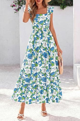 dowerme Womens Summer Dresses 2026 Ruffle Sleeve Square Neck Floral Boho Midi Dress Spring Smocked Beach Party Sundress(Floral Blue Green,X-Large) - Thumbnail 3