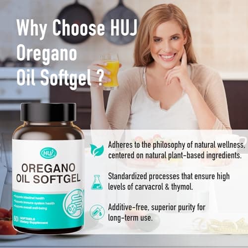HUJ Oregano Oil Softgel with High Strength 55% Carvacrol - Premium Complex with Black Cumin Seed Oil, Garlic Oil - Natural Plant-Based Formula for Normal Immune and Gut Health Support - 60 Softgels - Thumbnail 4