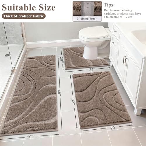 HEBE Microfiber Bathroom Rugs Sets 3 Piece,Super Absorbent Non Slip Bath Mats Rugs for Bathroom,Washable Bath Mat and U-Shaped Contour Toilet Rug Set for Tub Shower Bath Carpet - Thumbnail 2