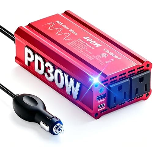 【2026 Upgraded】 400W Peak Clipped Sine Wave Car Power Inverter DC 12V to AC(2 Outlets) 110V Car Charger Plug Adapter Power Converter with PD3.0 & QC18W Dual USB Charging Ports (Red-400)