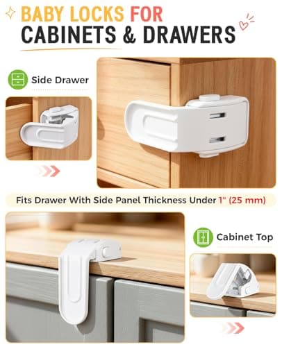 Maveek Baby Safety Drawer Lock - 4 Pcs Upgraded Baby Proofing Locks, One Hand Operation Infant Latches For Corner Drawers, Kitchen Cabinets, No Drill Child Proofing Kit (White) - Thumbnail 3