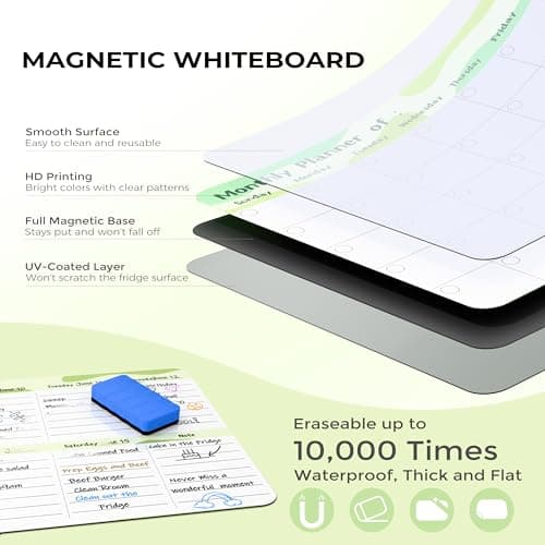 MARSROCK Refrigerator Calendar Magnetic, 16.3x11.7” (4-Pack) – Weekly & Monthly Planner, Chore Chart, Grocery/to-Do List for Fridge, Includes 8 Markers, 6 Magnets & 1 Eraser for Kitchen, Green - Thumbnail 2
