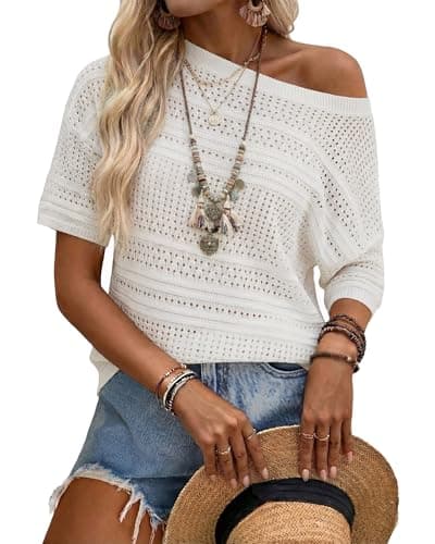 Arach&Cloz Womens 2026 Spring Summer Linen Blend Crochet Tops Beach Casual Short Sleeve Sweater Pullover Shirts Boho Resort Wear Vacation Cruise Outfits Lightweight Trendy Fashion White L - Image 1