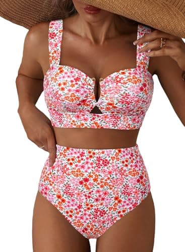 Herseas Women's High Waisted Tummy Control Bikini Sets U Wire Cutout Floral Print Swimsuits Stretchy Removable Supportive Padded 2 Piece Bathing Suits Vintage Holiday Outfits Coral Floral X-Small - Image 1