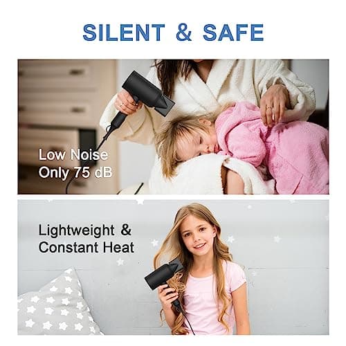 slopehill Professional Ionic Hair Dryer, Powerful 1800W Fast Drying Low Noise Blow Dryer with 2 Concentrator Nozzle 1 Diffuser Attachments for Home Salon Travel (Black) - Thumbnail 6