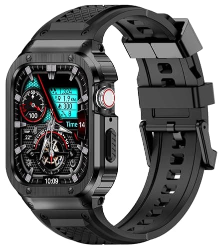 Deczone Band with Stainless Steel Case Compatible with Apple Watch Series 9 8 7 45mm Band, iwatch Bands Rugged Metal Protective Cover for Men (Black)