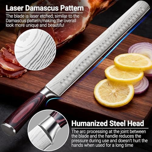 DAJOUJS Brisket Knife Meat Carving Knives - 12 Inch Ultra Sharp High Carbon Steel Kitchen Carving Slicing Knife with Ergonomic Wood Handle & Gift Box for Turkey, Meat Cutting, BBQ - Thumbnail 3