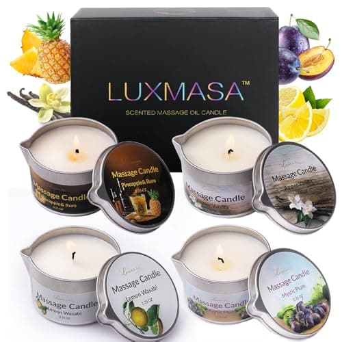 Massage Candle for Home SPA, 4 Pack Scented Soybean Massage Oil Candles Low Temp, Amazing Gift Set 13.4OZ (Scents: Mystic Plum, Amber Vanilla, Lemon Wasabi, Pineapple&Rum)