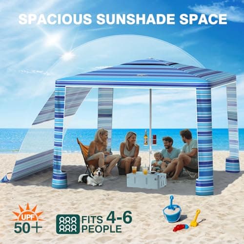 Rhino Valley Beach Cabana, 8 * 8FT Beach Tent UPF50+ Protection, Easy Setup Beach Canopy Wind Resistant with Cup Holder, Compact Beach Shade Foldable Beach Tent Sun Shelter, Blue Four Stripes - Thumbnail 4
