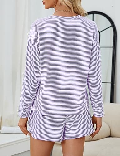 JUSTFASHIONNOW Womens Short Pajamas Set 2 Piece Lounge Set Women Stripe Print Short Sleeve Split Shorts Sets Casual Fall Shorts Sets Comfy Loungewear Outfits (Purple, XX-Large) - Thumbnail 5