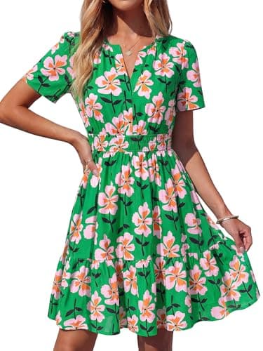 BTFBM Summer Dresses for Women 2026 Lightweight Casual Short Sleeve Floral Mini Dress A Line Beach Vacation Sundress(Green Pink Flower, XX-Large) - Image 1