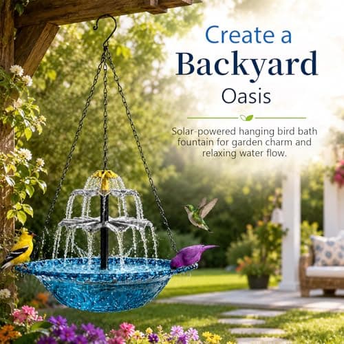 Hanging Bird Bath with Textured Bowl and Metal Chains, Solar Fountains with Cascade Flow for Outdoor Garden, Patio, and Yard Decor (Pink(L)) - Thumbnail 2