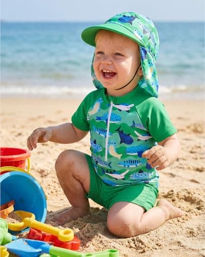 JiAmy Toddler Baby Boys Rash Guard Set with Swim Trunks for Kids 3PCS Short Sleeve Rashguard Swim Set Sunsuits Bathing Suits Green 6-12 Months - Thumbnail 2