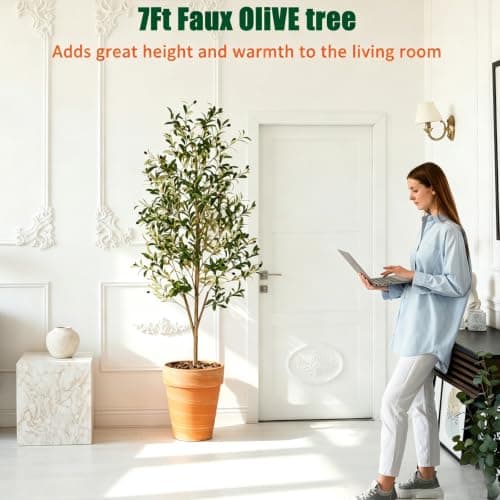 7ft Artificial Olive Trees Indoor, Tall Faux Olive Tree 7 Feet Fake Plants with Realistic Leaves Olive Silk Tree Home Office Living Room Garden Decor - Thumbnail 4