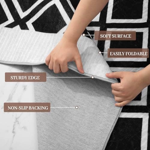 Washable Rug 8x10 – Soft Textured Area Rug with Non-Slip Backing, Modern Luxury Checkered Design, Machine Washable Carpet Perfect for Living Room, Bedroom, and Dining Room, Black - Thumbnail 4