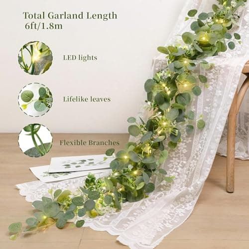 N&T NIETING 4 Pack Artificial Eucalyptus Garland with Lights, 6FT Artificial Greenery Garlands, Battery Operated Twig Vine for Room Stairs Mantle Wedding Holiday Easter Decoration Indoor Outdoor - Thumbnail 3