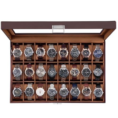 ProCase Watch Box for Men, 24 Slot Display Case with Real Glass Lid and Removable Pillows. Premium Storage Holder Organizer, Gift for Dad & Father's Day & Watch Collectors -Dark Brown