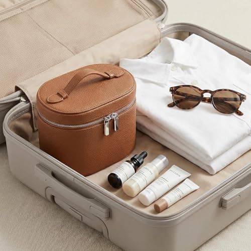 IEMIEBOAMGNOY Leather Make Up Bags With Compartments, Brown travel Cosmetic Bags for Women, Parallel Makeup Travel Bags Organizer Equipped With a Detachable Divider - Thumbnail 4
