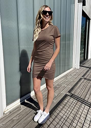 BTFBM Women’s Summer Dresses 2026 Casual Bodycon Mini Dress Short Sleeve Crew Neck Ruched Spring Beach Vacation Outfits(Khaki, X-Large) - Thumbnail 3
