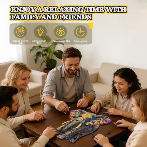 Wooden Puzzles for Adults, Elephant Wooden Jigsaw Puzzle 200 Piece, Unique Animal Shaped Wooden Puzzle for Adults and Kids, Fun Challenging Floral Elephant Puzzles for Family Game Wall Decor 11*10.4in - Thumbnail 3