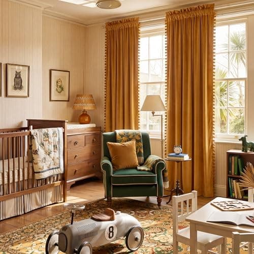 NICETOWN Mustard Gold Pom Pom Velvet Curtains 8 ft Long - Room Darkening Luxurious Drapes for Living Room & Bedroom, Extra Long Window Treatments, 52" W x 96" L, 2 Panels - Thumbnail 3