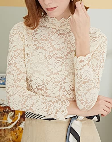 QiuDumo Lace Top Sweat Shirt Tunic Tops Bodysuits Linen Shirt Jacket with Cami Top High Neck T Shirt with Camisole 2-Piece Set Apricot L - Thumbnail 3