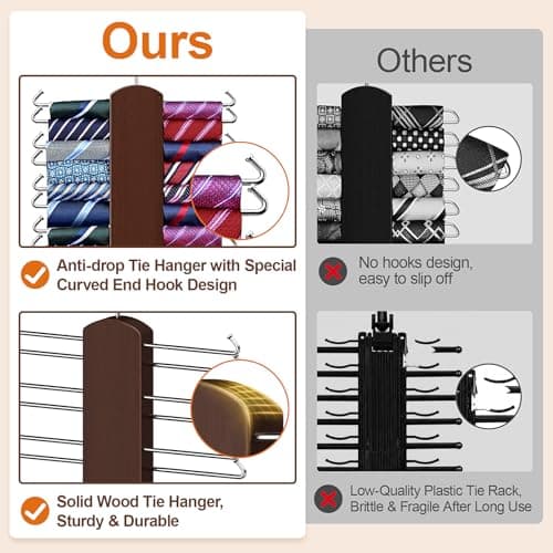 2 Pack Tie Hanger with 48 Hooks, Large Capacity Tie Rack for Closet Organizers and Storage,Space Saving Wooden Necktie Hanger for Men - Thumbnail 4
