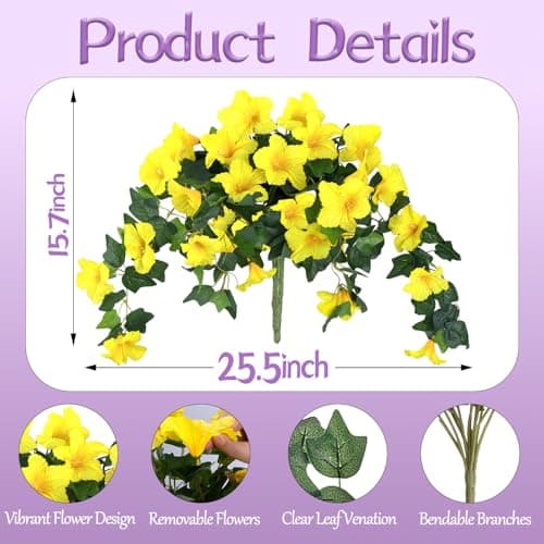 BSMYBO 2Pcs Artificial Hanging Flowers for Outdoors, Fake Outdoor Flowers Faux Petunias Silk Flowers for Outdoor planters UV Resistant for Home Garden Balcony Yard Porch Patio Decor (Yellow) - Thumbnail 4
