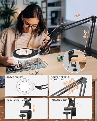 10X & 5X Magnifying Glass with LED Light, Ultra Long Swing Arm, 5 Colors & 10 Brightness, Real Glass Lens Large Magnifying Lamp for Craft Painting Workbench Jewelry Making Hobby Close Work (White) - Thumbnail 6