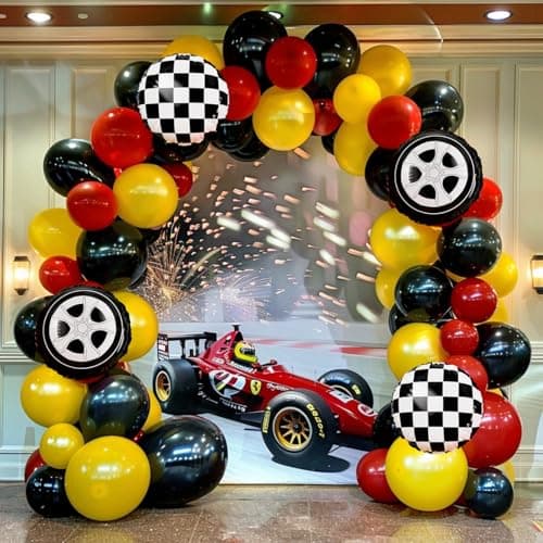 Race Car Balloon Garland Arch Kit, 160Pcs Red Yellow Black Latex Balloons Wheel Checkered Foil Balloons for Racing Car Two Fast 2nd Birthday Party Decorations - Thumbnail 4