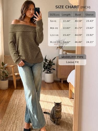 ATHMILE Brown Off the Shoulder Sweater Womens Oversized Spring Tops Batwing Sleeve Loose Pullover Fall Winter Outfits - Thumbnail 6