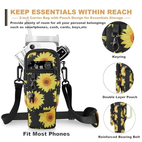 BULKITEM Sunflower Water Bottle Carrier Bag w/Phone Pocket for Stanley 30oz Tumbler with Handle, Sunflower Insulated Neoprene Cup Holder Pouch for Stanley Cup Accessories, Sunflower Gifts for Women - Thumbnail 3