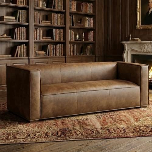 CHERS 83" Faux Leather Sofa, No Assembly Required One-Piece Couch, Mid Century Modern 3-Seater with Solid Wood Frame, Distressed Brown Vintage Patina Aesthetic for Living Room, Office, Reception - Image 1