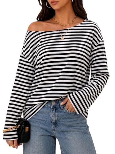 Flowyair Womens Off the Shoulder Tops Striped Long Sleeve Casual Loose Fit Asymmetrical Y2K Trendy Shirt Black - Image 1
