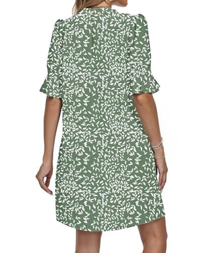 AUSELILY Vacation Dresses for Women V Neck Ruffle Short Sleeve Casual Shift Dress, Olive Green Leaves M - Thumbnail 2