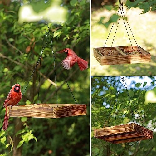 MIXXIDEA Bird Feeder Hanging Tray, Seed Tray Wooden Platform Hummingbird Feeder Hanging Tray Mesh Seed Platform for Garden Yard Outside Decoration Attracting for Wild Birds(Brown-1pk) - Thumbnail 6