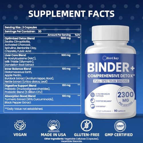 HevChay 2300 MG Detox Binder Supplement – All-in-1 Detox Binder, Activated Charcoal, Zeolite, Bentonite Clay – Liver & Gut Detox Cleanse, Toxin Flush, Digestive, Max Absorption, 180 Vegan Capsules - Thumbnail 2