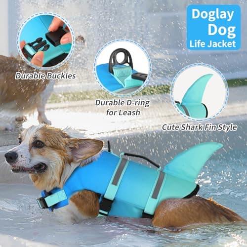 Doglay Dog Life Jacket, Ripstop Cute Shark Dog Life Jacket with Superior Buoyancy and Rescue Handle, Adjustable Dog Life Vests for Swimming Boating, Pet Flotation Vest for Small Medium Large Dogs - Thumbnail 2