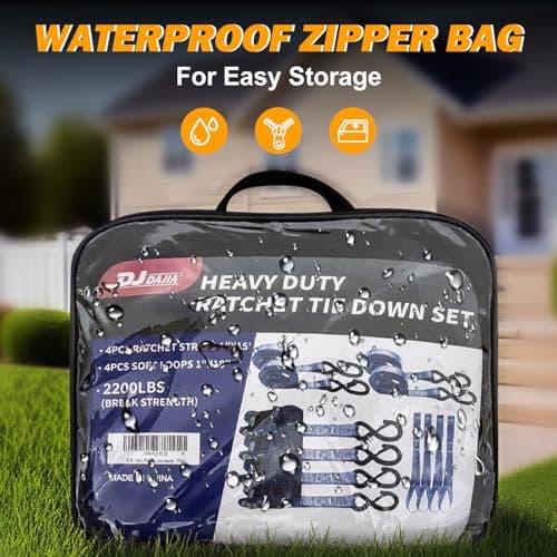 Motorcycle Tie Down Straps 1" x15' (4-Pack), Waterproof Carry Bag 2200lb Break Strength with Soft Loops & Coated S-Hooks for Truck, Trailer, ATV, UTV, Boat (Black) - Thumbnail 2